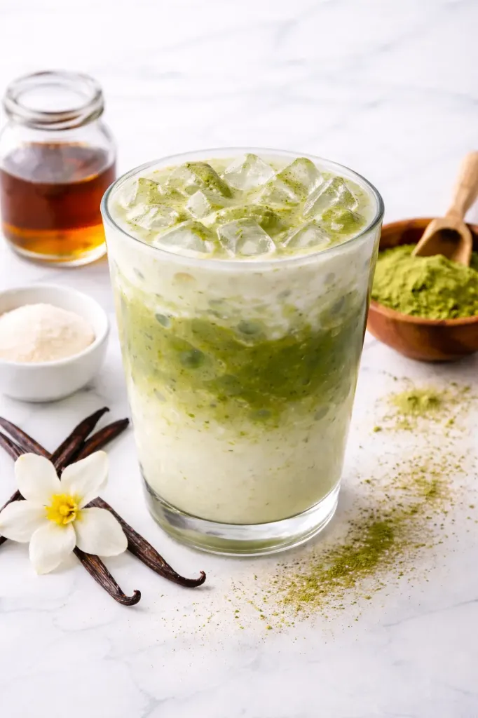 Iced Vanilla Matcha Latte (Mediano, Sin Leche Vegetal)